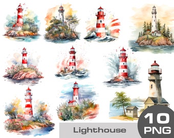 Watercolor lighthouses clipart, Nautical ocean sea watercolor clipart, lighthouse painting on transparent background free commercial use