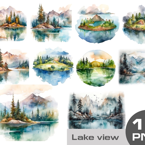 Watercolor lakeside scenery clipart, lake island clipart, misty lake clipart, spring lake landscape clipart, lake view pine tree clipart