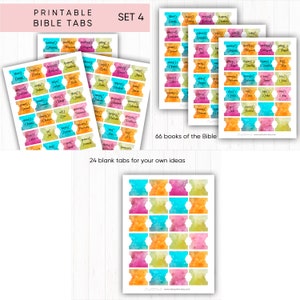 May include: Printable Bible tabs with colorful watercolor backgrounds. The tabs are labeled with the names of the books of the Bible. There are 66 tabs in total, plus 24 blank tabs.