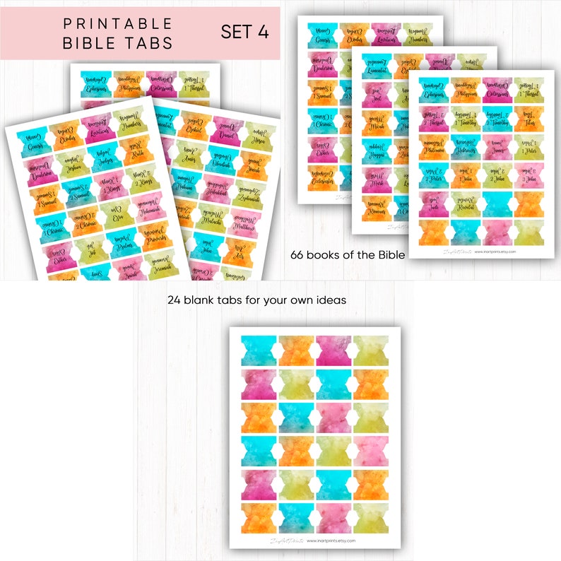 May include: Printable Bible tabs with colorful watercolor backgrounds. The tabs are labeled with the names of the books of the Bible. There are 66 tabs in total, plus 24 blank tabs.