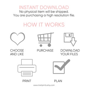 May include: A graphic illustration showing how to purchase and download digital files. The steps are: choose and like, purchase, download your files, print, and plan. The illustration uses icons to represent each step.