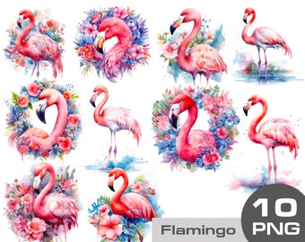 Pink flamingo clipart, watercolor flamingo png, pink flamingo with flowers, tropical watercolor, flamingo in a wreath free commercial use