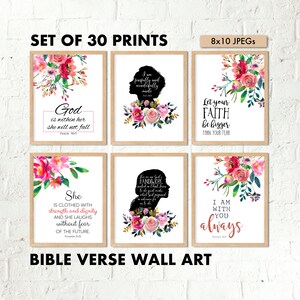 May include: Set of 30 prints of Bible verse wall art. Each framed print features floral watercolor designs and inspirational quotes. The prints are 8x10 inches and include verses like "God is within her, she will not fall."