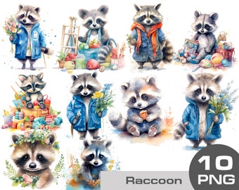Watercolor cute raccoon clipart, raccoon in coat, cute raccoon png, raccoon with flowers, baby raccoon nursery clip art, animals clipart,