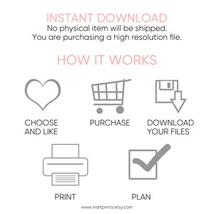 May include: A graphic illustration showing how to purchase and download digital files. The steps are: choose and like, purchase, download your files, print, and plan. The illustration uses icons to represent each step.