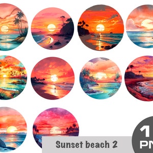 Watercolor ocean Sunsets Clipart, beach Sunsets png, circle summer landscape, boho landscape graphic png, California summer png Commercial
