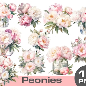 Watercolor Pink peonies clipart, white peony clipart png, watercolor peony bouquet png, watercolor flowers clipart transparent background