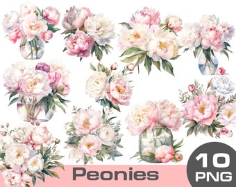 Watercolor Pink peonies clipart, white peony clipart png, watercolor peony bouquet png, watercolor flowers clipart transparent background