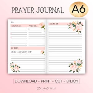 May include: A printable A6 prayer journal with a pink floral design. The journal includes sections for gratitude, memory verse, devotional time, and bible reading.