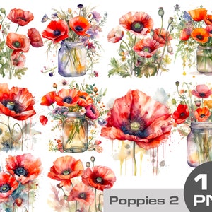 Bouquet de coquelicots aquarelle Clipart png, coquelicots dans un pot de vase, faire-part de mariage aquarelle fleurs png, mariage rustique clipart png pays