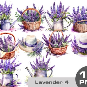 Lavender clipart, watercolor basket with lavender bouquet, Provence bouquet in a basket, country clipart png, watercolor flowers