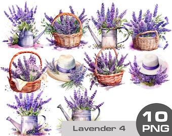 Lavender clipart, watercolor basket with lavender bouquet, Provence bouquet in a basket, country clipart png, watercolor flowers