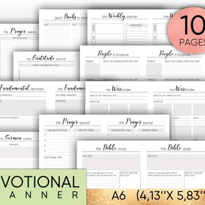 Puede incluir: Un planificador devocional imprimible en blanco y negro con 10 p&aacute;ginas. El planificador incluye secciones para la oraci&oacute;n, la gratitud, el estudio de las Escrituras, las notas del serm&oacute;n y m&aacute;s. El planificador est&aacute; dise&ntilde;ado para papel A6, que mide 10,5 cm por 14,8 cm.