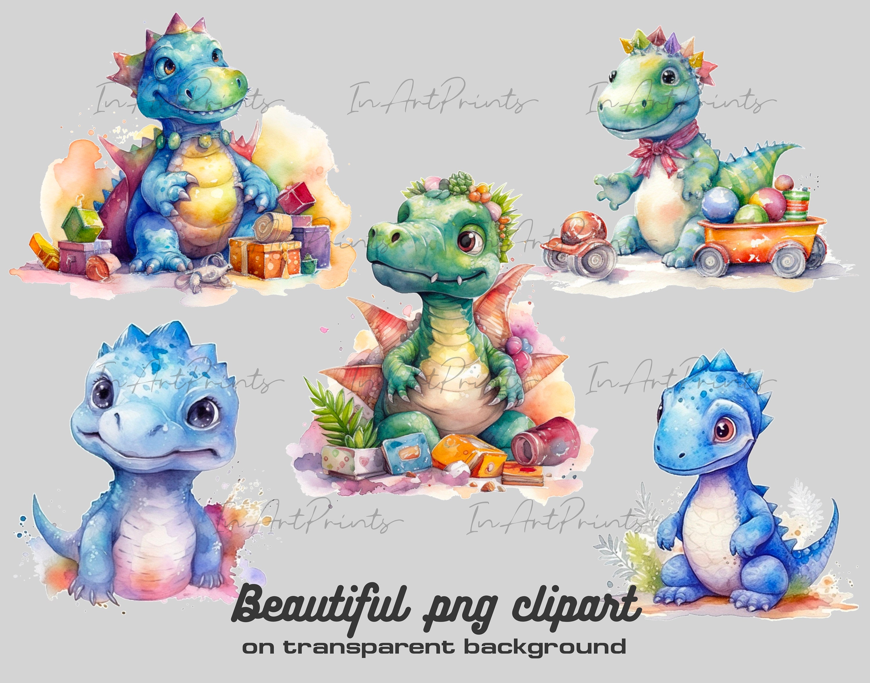 Cute Dinosaur Clipart Bundle, Watercolor Dino Png, Nursery Clipart Png ...