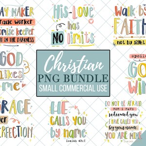 K&ouml;nnte beinhalten: Ein Set mit 10 digitalen christlichen Zitatgrafiken in einem farbenfrohen, handgezeichneten Stil. Die Zitate beinhalten "Way Maker", "His Love Has No Limits", "Walk by Faith", "God Likes Me", "Grace Over Perfection", "He Calls You by Name", "Spoiler: God Wins", und "Do Not Be Afraid, For I Have Redeemed You. I Have Called You by Your Name. You Are Mine".