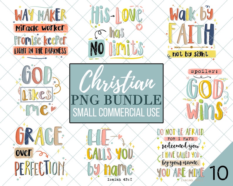 K&ouml;nnte beinhalten: Ein Set mit 10 digitalen christlichen Zitatgrafiken in einem farbenfrohen, handgezeichneten Stil. Die Zitate beinhalten "Way Maker", "His Love Has No Limits", "Walk by Faith", "God Likes Me", "Grace Over Perfection", "He Calls You by Name", "Spoiler: God Wins", und "Do Not Be Afraid, For I Have Redeemed You. I Have Called You by Your Name. You Are Mine".