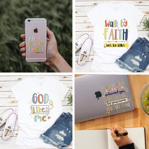 K&ouml;nnte beinhalten: Vier verschiedene Designs von B&uuml;gelbildern mit bunten, handgeschriebenen inspirierenden Zitaten. Die Zitate lauten: "Er ruft dich beim Namen", "Gehe im Glauben, nicht im Sehen", "Gott mag mich" und "F&uuml;rchte dich nicht, denn ich habe dich erl&ouml;st. Ich habe dich bei deinem Namen gerufen. Du bist mein".
