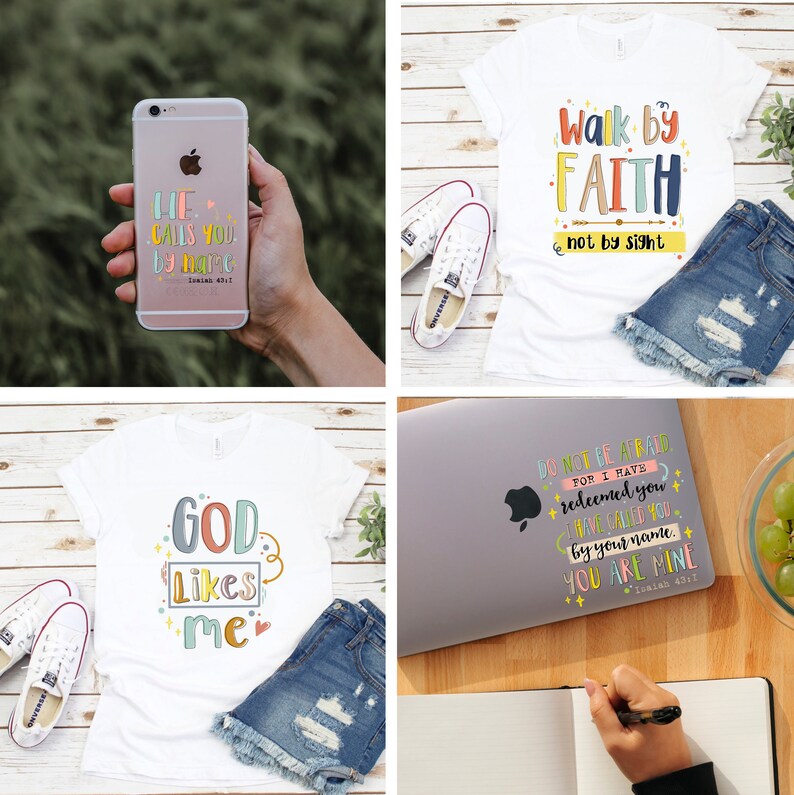 K&ouml;nnte beinhalten: Vier verschiedene Designs von B&uuml;gelbildern mit bunten, handgeschriebenen inspirierenden Zitaten. Die Zitate lauten: "Er ruft dich beim Namen", "Gehe im Glauben, nicht im Sehen", "Gott mag mich" und "F&uuml;rchte dich nicht, denn ich habe dich erl&ouml;st. Ich habe dich bei deinem Namen gerufen. Du bist mein".
