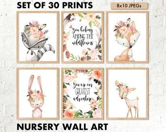 Woodland Nursery Decor, Girl Nursery Art, Set of 30 prints, Baby Girl Gift, Woodland Nursery Animals, Printable Nursery Wall Art 8x10 Poster