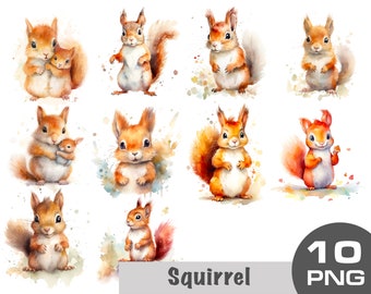May include: Ten watercolour illustrations of squirrels. The squirrels are in various poses, some are holding nuts, some are sitting up, and some are running. The illustrations are on a white background with watercolour splatters.