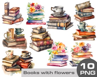 Watercolor book clipart, watercolor book stack with flowers clipart, book lover clipart on transparent background png free Commercial use
