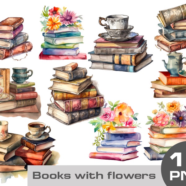 Watercolor book clipart, watercolor book stack with flowers clipart, book lover clipart on transparent background png free Commercial use
