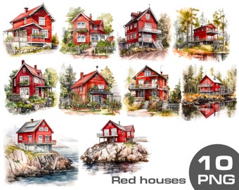 Watercolor Nordic red house clipart, Norwegian cottage clipart, red cottage house cabin, Scandinavian house clipart cozy cottage cottagecore