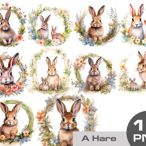 May include: A collection of watercolour illustrations featuring hares and bunnies within floral wreaths. The images depict the animals in different poses, some with a baby bunny, surrounded by colourful flowers and foliage. Text reads "A Hare" and "10 PNG".