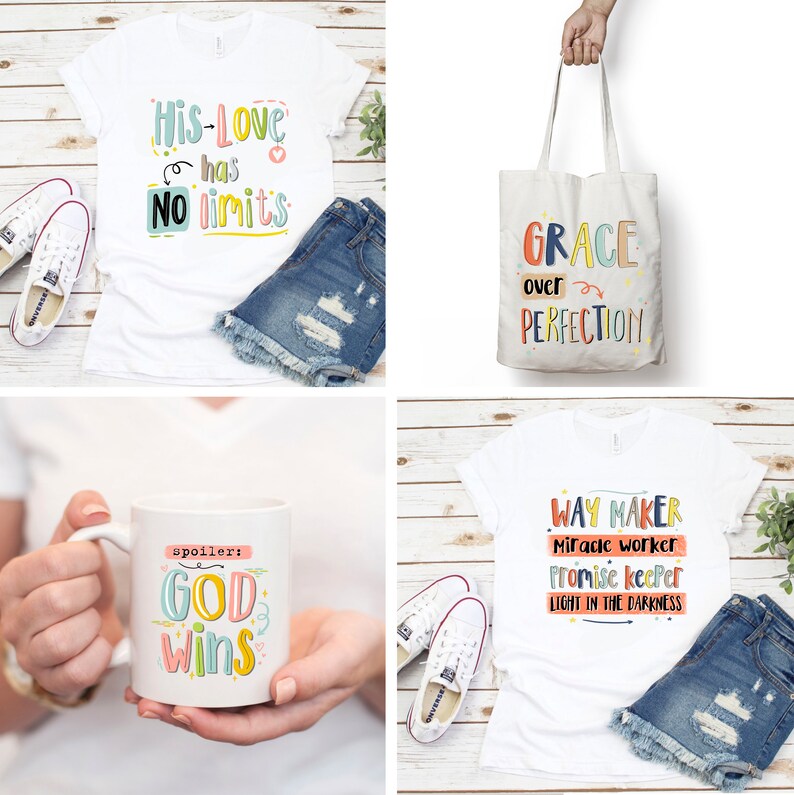 K&ouml;nnte beinhalten: Ein Set aus vier Produkten mit christlichen Botschaften. Ein wei&szlig;es T-Shirt mit dem Text "His Love has No Limits", eine wei&szlig;e Einkaufstasche mit dem Text "Grace over Perfection", eine wei&szlig;e Tasse mit dem Text "spoiler: God Wins" und ein wei&szlig;es T-Shirt mit dem Text "Way Maker Miracle Worker Promise Keeper Light in the Darkness".
