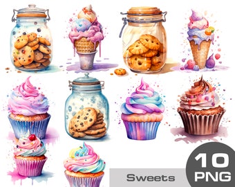 Watercolor cupcakes clipart, sweets in a jar, cookies in a jar, cupcake png, watercolour breakfast clipart, free commercial use