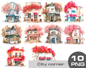 Watercolor old city houses clipart, watercolor cute house clipart, aesthetic French cottage, old city house clipart, European Vacation png