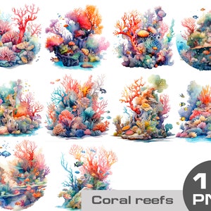 Watercolor coral reef clipart, coral reef png, reef with fishes clipart, sea clipart, ocean clipart clipart png free commercial use
