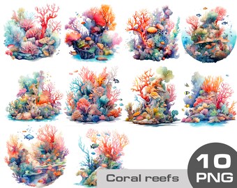 Clipart della barriera corallina dell'acquerello, png della barriera corallina, clipart della barriera corallina con i pesci, clipart del mare, clipart dell'oceano clipart png uso commerciale gratuito