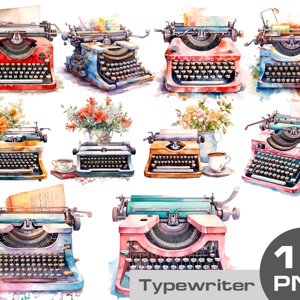 Watercolor retro typewriter, vintage typewriter png, floral typewriter clipart png, rustic typewriter png, boho clipart, retro clipart