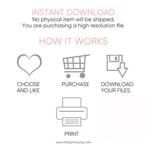 May include: A graphic showing how to purchase and download digital files. The graphic shows a heart, a shopping cart, a floppy disk with a downward arrow, and a printer. The text reads "INSTANT DOWNLOAD", "No physical item will be shipped. You are purchasing a high resolution file.", "HOW IT WORKS", "CHOOSE AND LIKE", "PURCHASE", "DOWNLOAD YOUR FILES", "PRINT", and "www.inartprints.etsy.com".