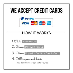May include: A white graphic with the text "WE ACCEPT CREDIT CARDS" and logos for PayPal, Visa, Mastercard, Maestro, and American Express. Below the logos is the text "HOW IT WORKS" with a list of four steps: 1. Click Add to cart, 2. Choose Pay with PayPal, 3. Choose Pay with Debit or Credit Card, 4. Fill in your card details (You do not have to sign up for PayPal).