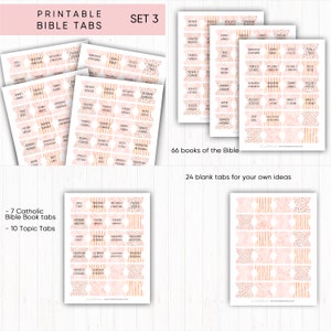 May include: Printable Bible tabs in set 3 with pink and gold designs. The tabs include 66 books of the Bible, 7 Catholic Bible book tabs, 10 topic tabs, and 24 blank tabs.