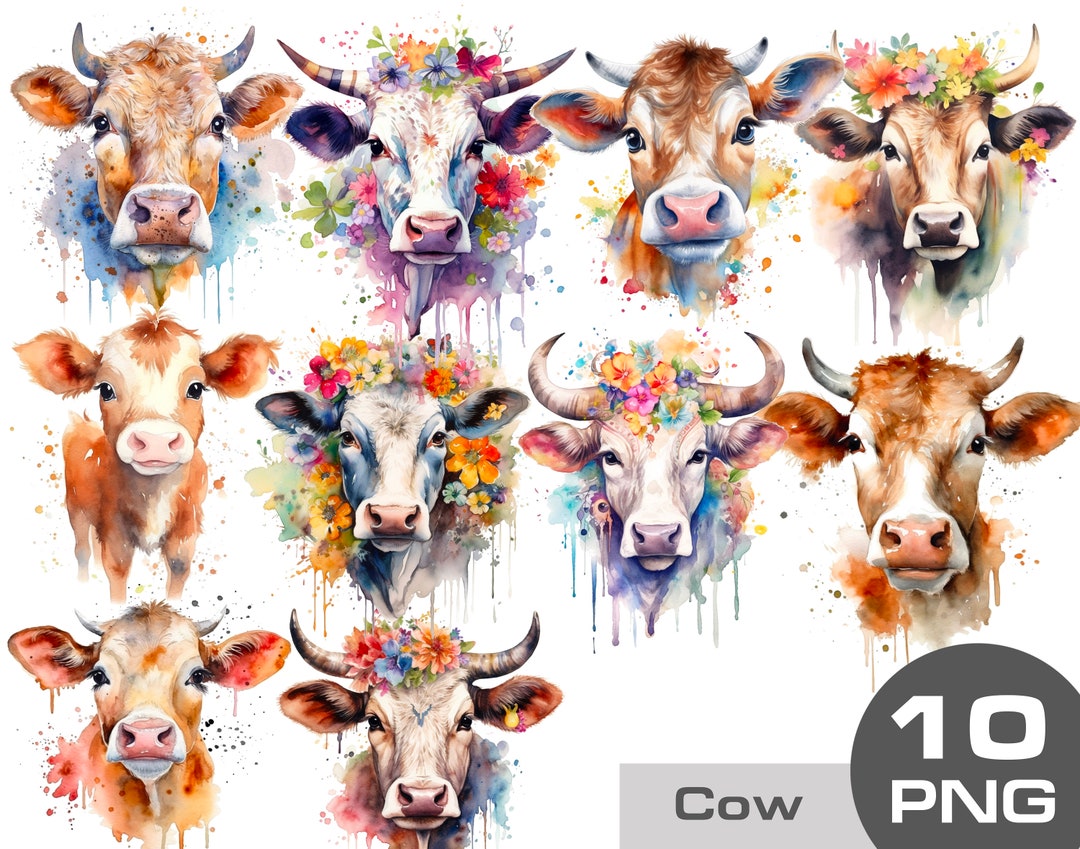 Watercolor Cow Clipart, Boho Cow Clipart Png, Cow With Flowers Clipart ...