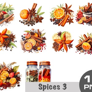 Imágenes prediseñadas de especias de acuarela, especias en un frasco, imágenes prediseñadas de canela, imágenes prediseñadas de pimienta, ajo y jengibre, imágenes prediseñadas de cocina, comida de acuarela comercial gratis