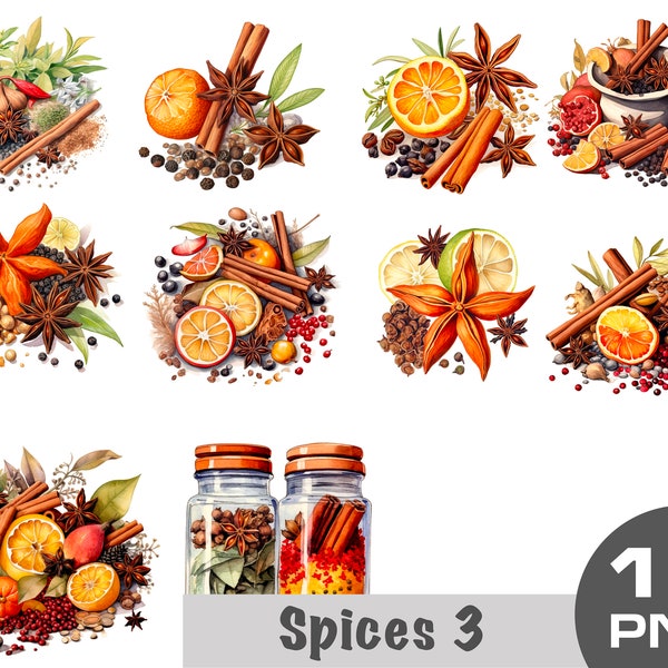 Watercolor spice clipart, spice in a jar, cinnamon clipart, pepper garlic ginger clipart, kitchen clipart, watercolor food Free commercial