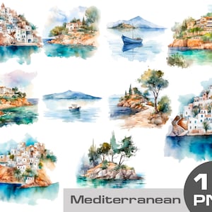 Watercolor coastal sea clipart, Mediterranean clipart, watercolor Greece houses, watercolor Greece seaside, sea beach clipart Commercial use