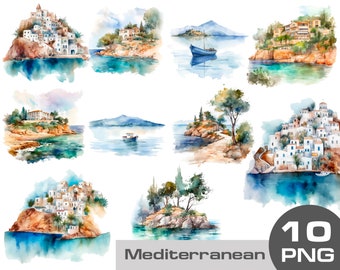 Watercolor coastal sea clipart, Mediterranean clipart, watercolor Greece houses, watercolor Greece seaside, sea beach clipart Commercial use