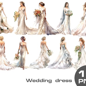 Watercolor wedding dress clipart, White Wedding Dress Clipart, Watercolor Wedding Dresses Clipart, bride clipart png, invitation clipart png