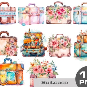 Reiskoffer clipart, aquarel koffer png, boho koffer png, reis clipart, vakantie clipart, boho reizen Clipart gratis commercieel