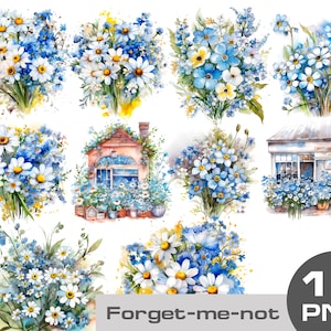 Forget-me-not aquarelle clipart, aquarelle bleue fleurs bouquet clipart, Forget-Me-Not bouquet PNG, arrangements de mariage commercial gratuit