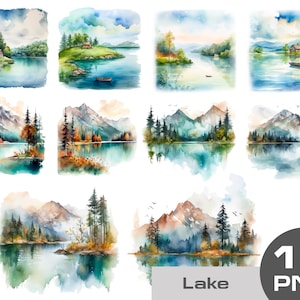 Watercolor lake clipart, watercolor mountain river clipart, watercolor pine trees clipart, mountain lake png with transparent background