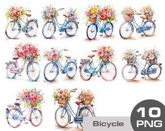 Acuarela bicicleta Clipart png, cesta de flores bicicleta PNG, sublimación de cesta de flores de acuarela, bicicleta retro vintage con flores png