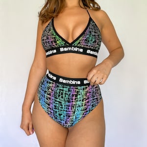 reflective rave festival bikini and booty short set , crop top, bikini bottom flash