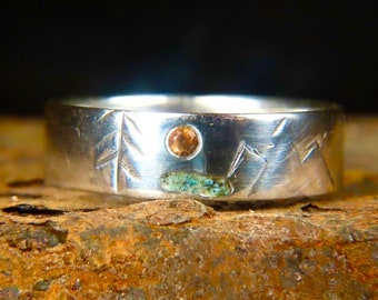 The 4 Elements Ring made of Silver 925, Turquoise Lake, Orange Sapphire Sun, Funky rings, Wood ring men, Wooden rings, Promise ring set