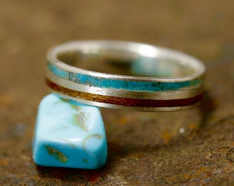 The Mediteranean Turquoise Ring - Mens Wedding Band- Silver Turquoise Ring Wooden Mahogany– Women’s Wooden Ring – Surf Style Ring Style –